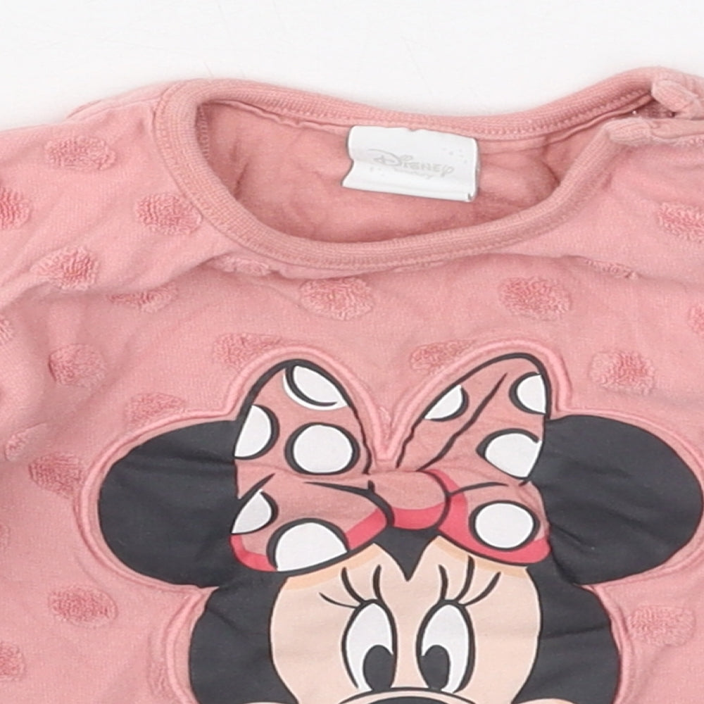 Tesco Girls Pink Polka Dot Cotton Basic T-Shirt Size 9-12 Months Crew Neck Pullover - Minnie Mouse