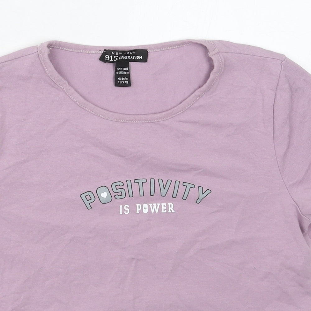 New Look Girls Purple  Cotton Basic T-Shirt Size 14-15 Years Crew Neck Pullover - Positivity Is Power