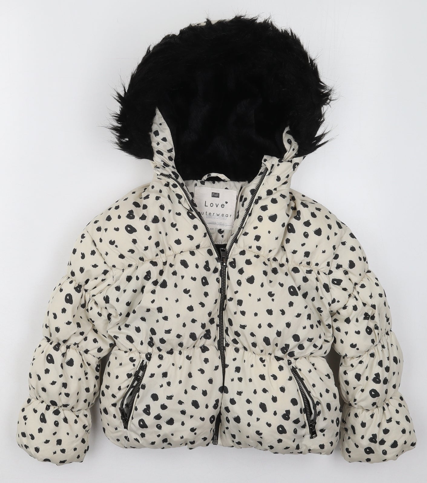 F&F Girls Ivory Geometric  Basic Coat Coat Size 5-6 Years  Zip