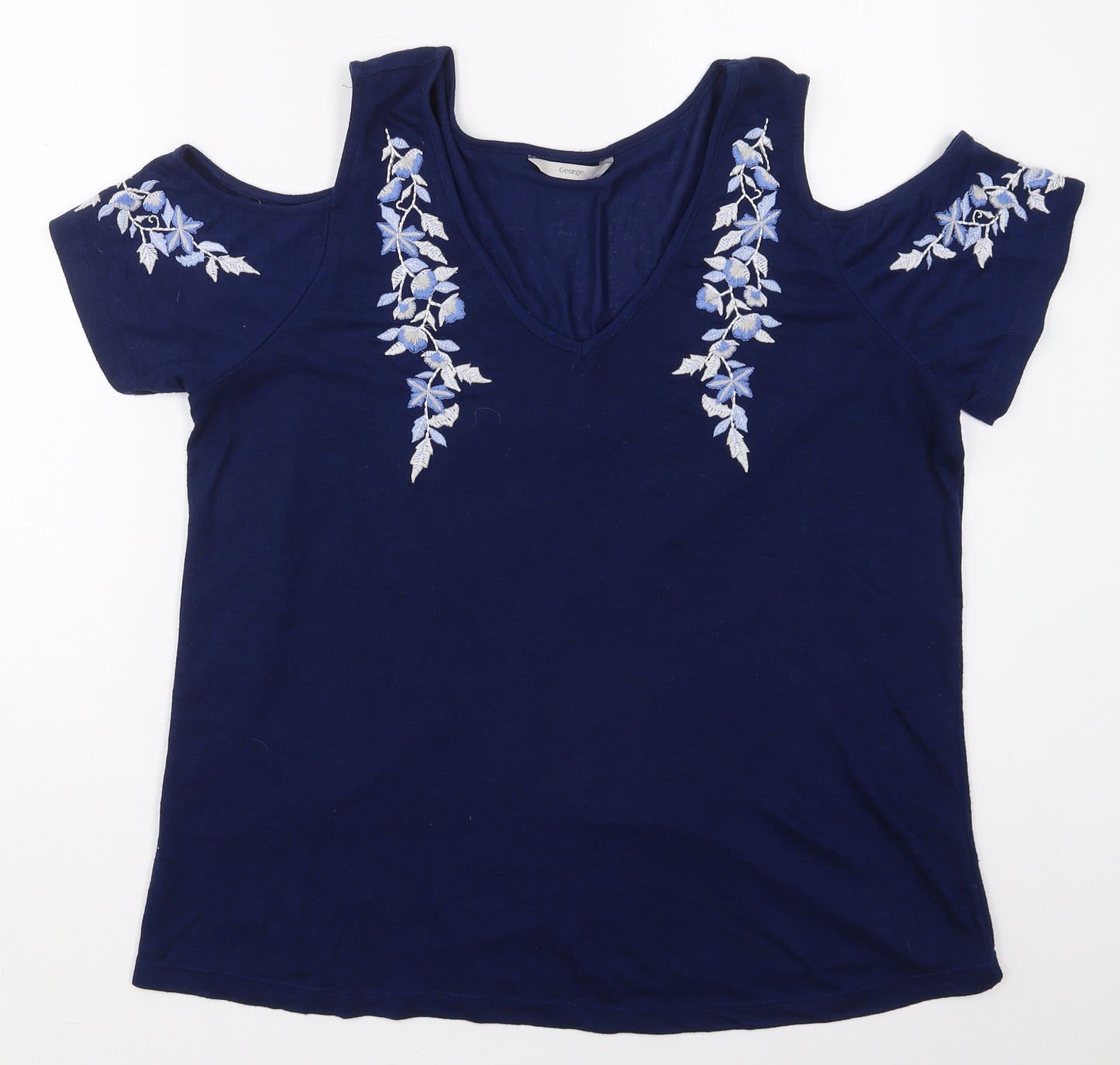 George Womens Blue Floral Polyester Basic T-Shirt Size 18 V-Neck
