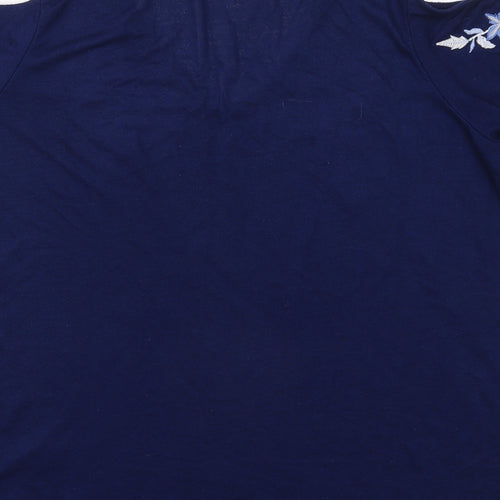 George Womens Blue Floral Polyester Basic T-Shirt Size 18 V-Neck