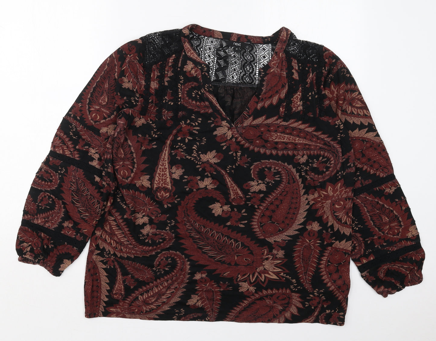 NEXT Womens Black Paisley Viscose Basic T-Shirt Size 14 V-Neck