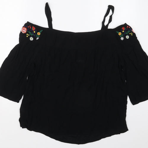 Papaya Womens Black Floral Viscose Basic Blouse Size 16 Off the Shoulder