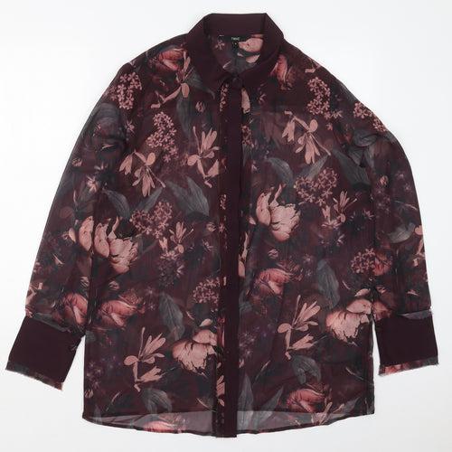 NEXT Womens Purple Floral Polyester Basic Button-Up Size 16 Collared