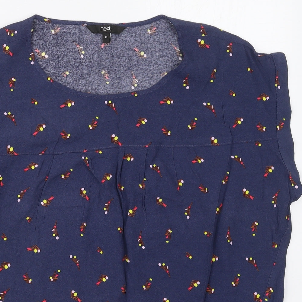 NEXT Womens Blue Geometric Viscose Basic T-Shirt Size 16 Round Neck