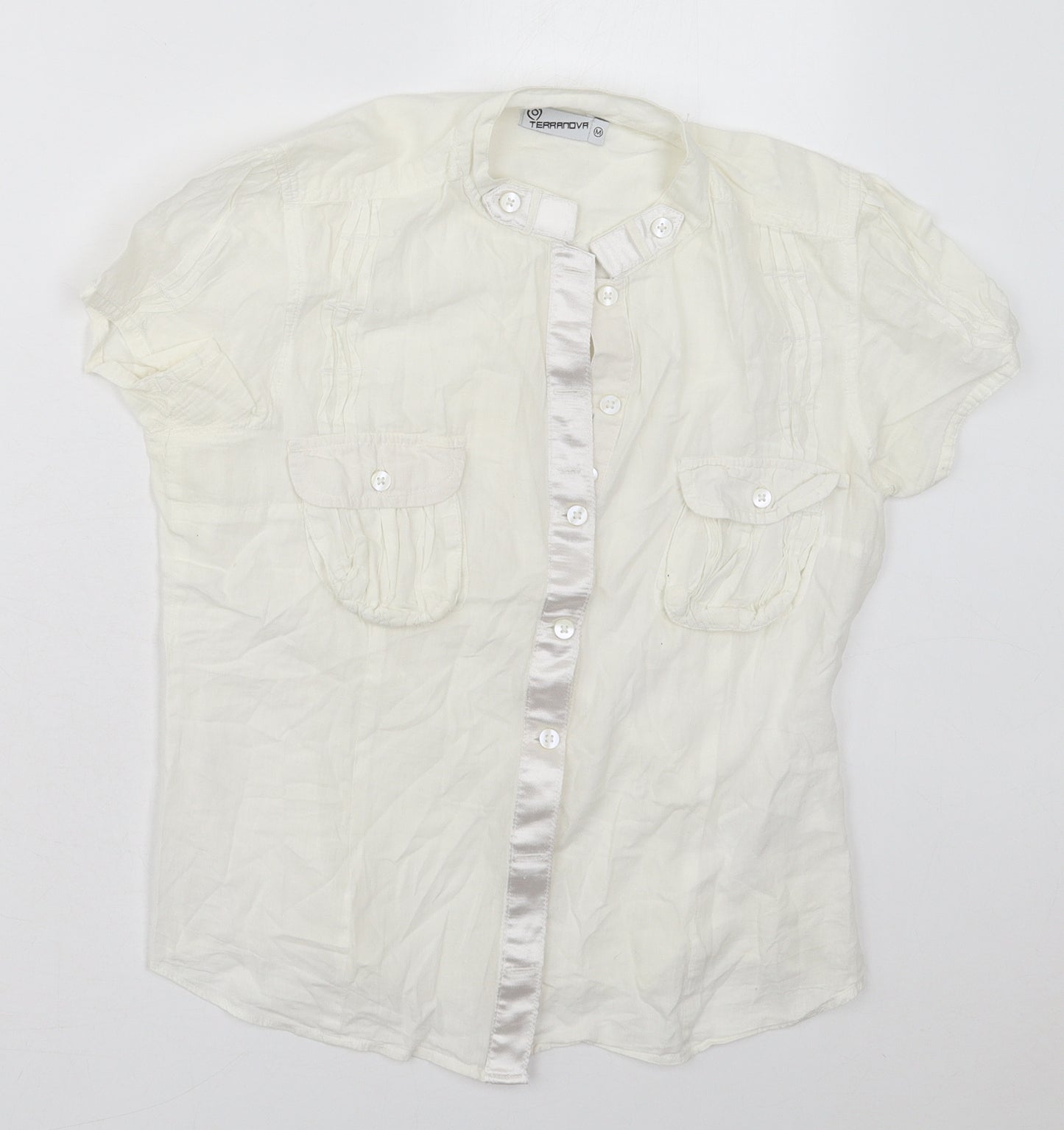 Terranova Womens Ivory  Cotton Basic Button-Up Size M Round Neck