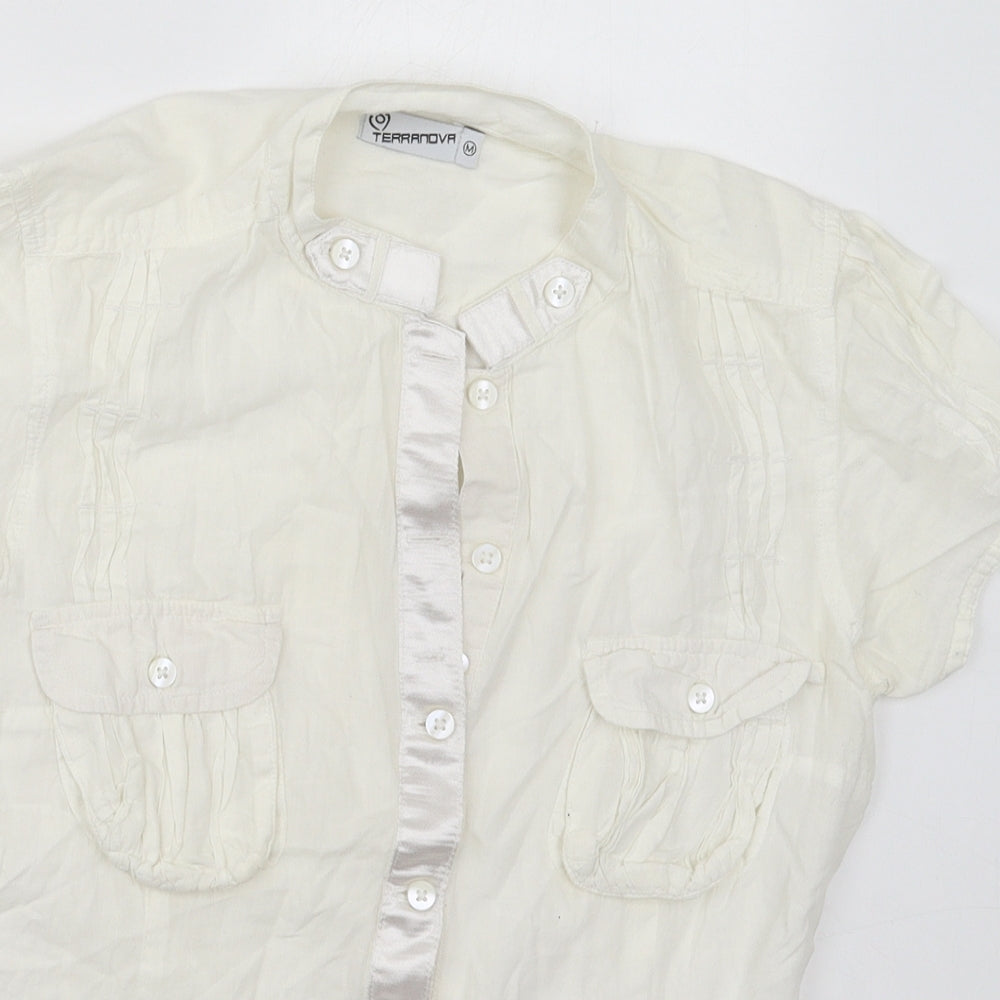 Terranova Womens Ivory  Cotton Basic Button-Up Size M Round Neck