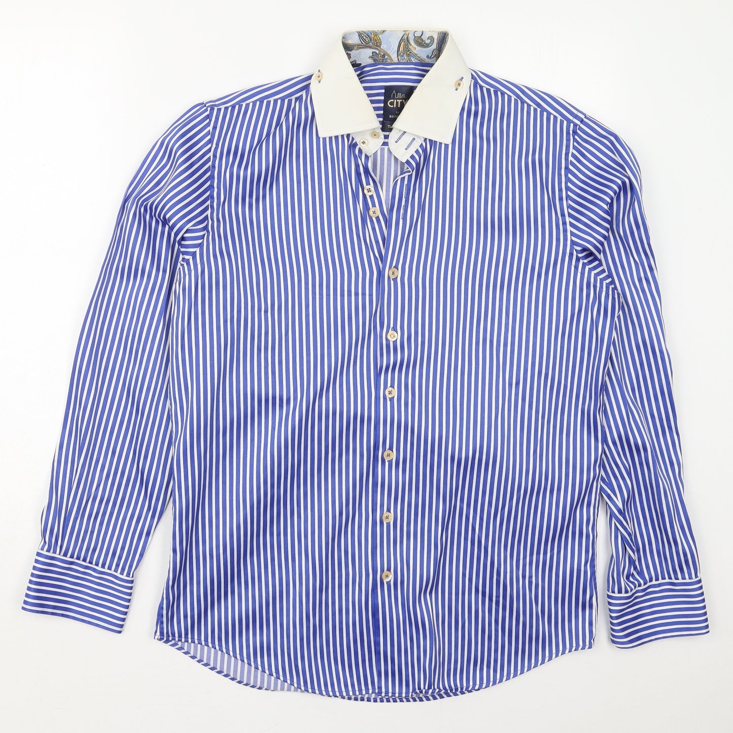 Benetti Mens Blue Striped Polyester  Button-Up Size 15.5 Collared Button