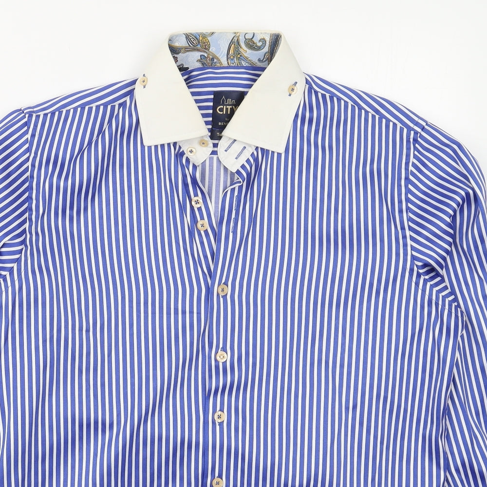 Benetti Mens Blue Striped Polyester  Button-Up Size 15.5 Collared Button