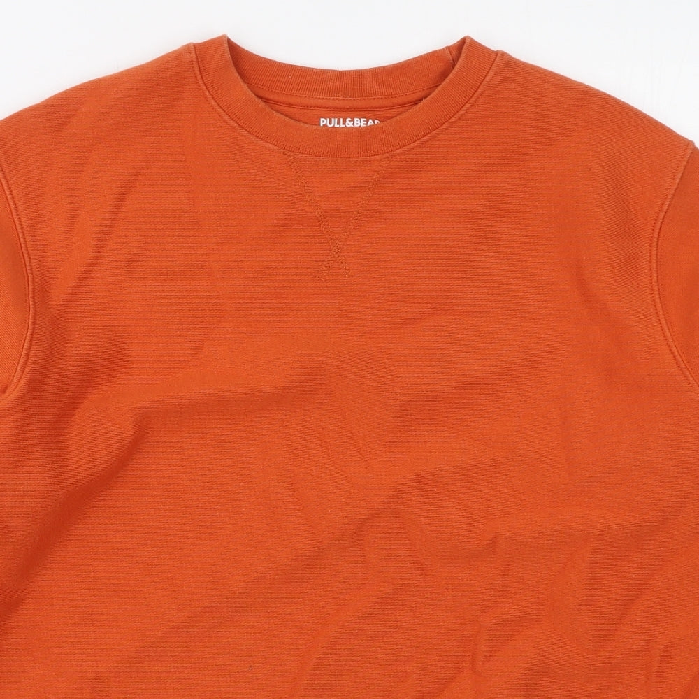 Pull&Bear Mens Orange  Cotton Pullover Sweatshirt Size M