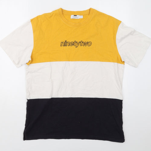 Topman Mens Yellow Colourblock Cotton  T-Shirt Size M Crew Neck  - Ninety Two Blue