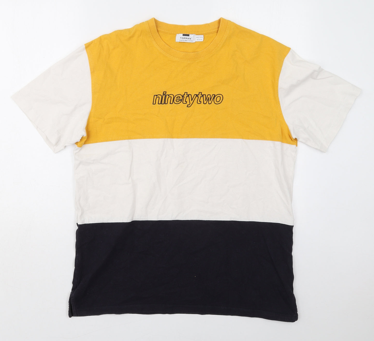 Topman Mens Yellow Colourblock Cotton  T-Shirt Size M Crew Neck  - Ninety Two Blue