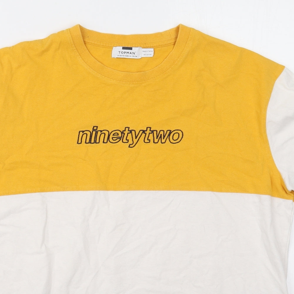 Topman Mens Yellow Colourblock Cotton  T-Shirt Size M Crew Neck  - Ninety Two Blue