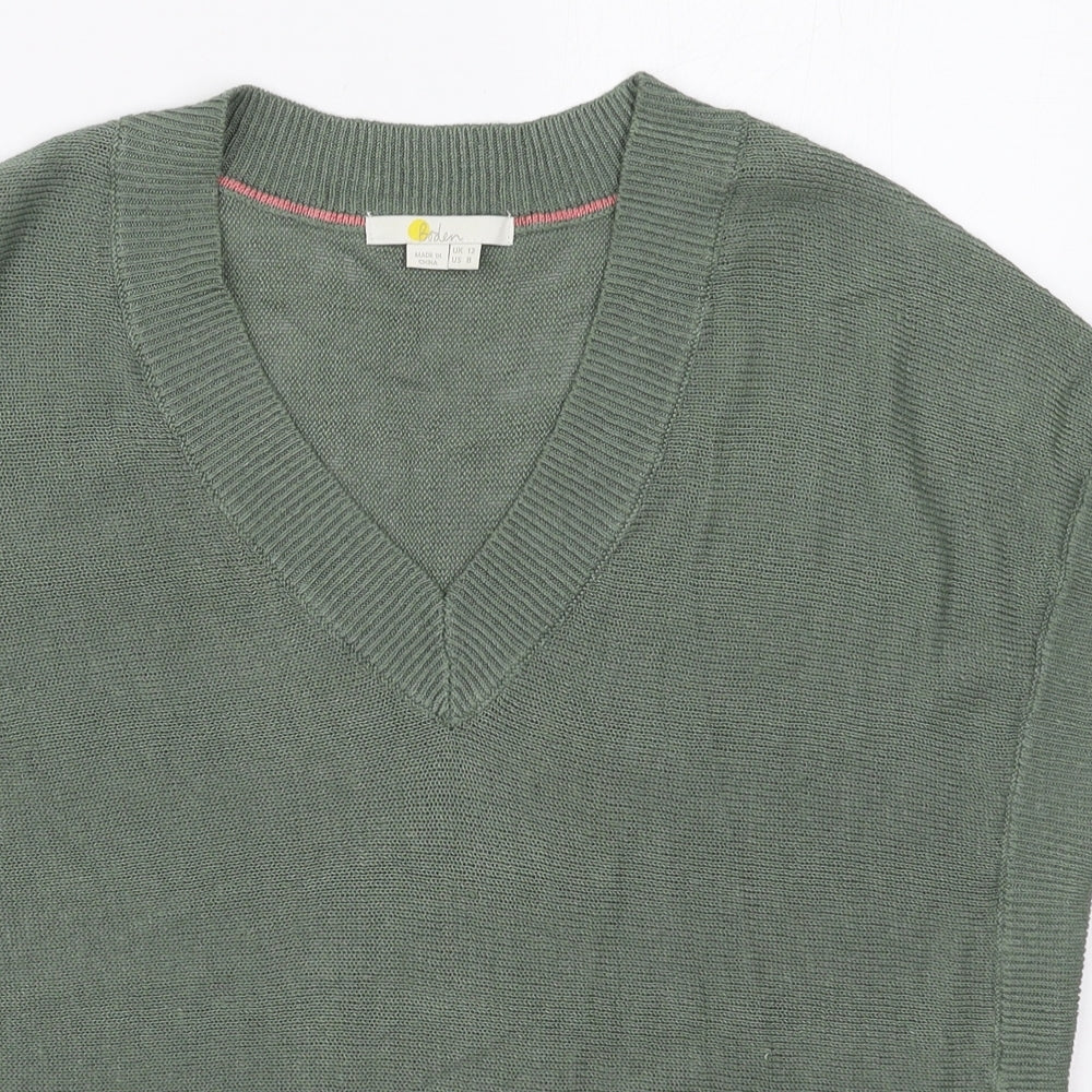 Boden Womens Green V-Neck  Linen Pullover Jumper Size 12