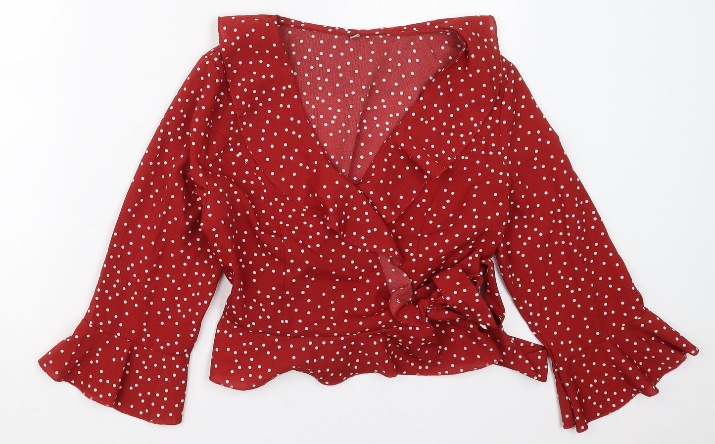 Preworn Womens Red Polka Dot Polyester Wrap Blouse Size L V-Neck
