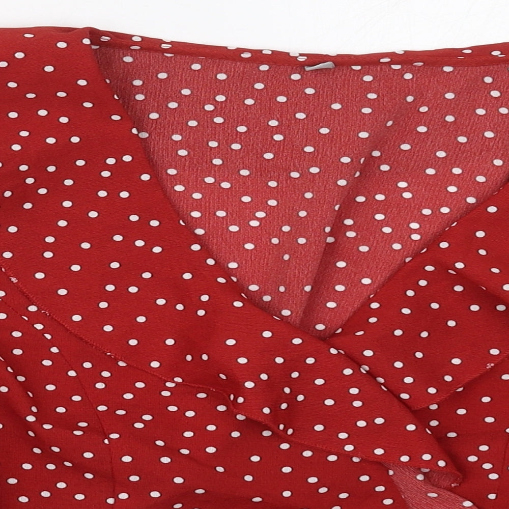 Preworn Womens Red Polka Dot Polyester Wrap Blouse Size L V-Neck