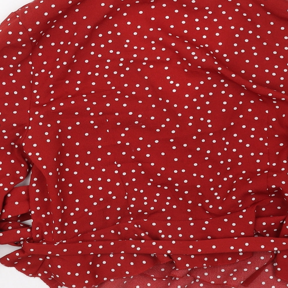 Preworn Womens Red Polka Dot Polyester Wrap Blouse Size L V-Neck