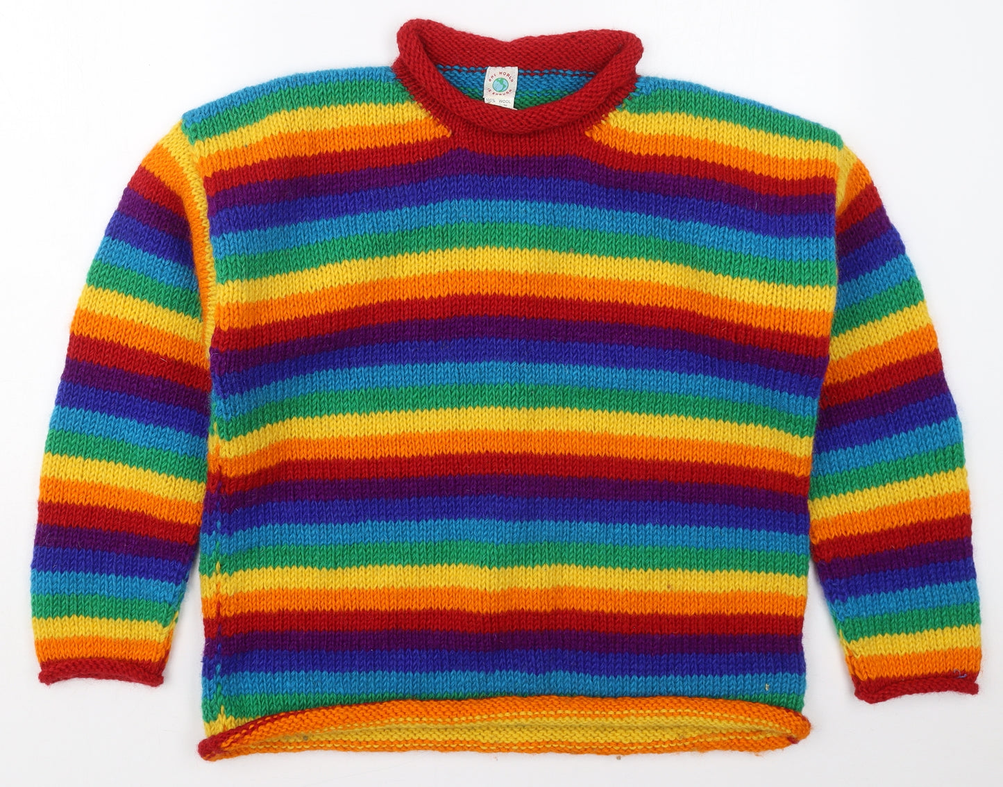 One World Is Enough Mens Multicoloured Mock Neck Striped Wool Pullover Jumper Size M