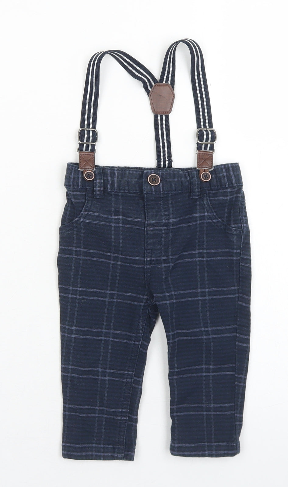 Fred & Flo Boys Blue Plaid Cotton Capri Trousers Size 3-6 Months  Button - With Braces
