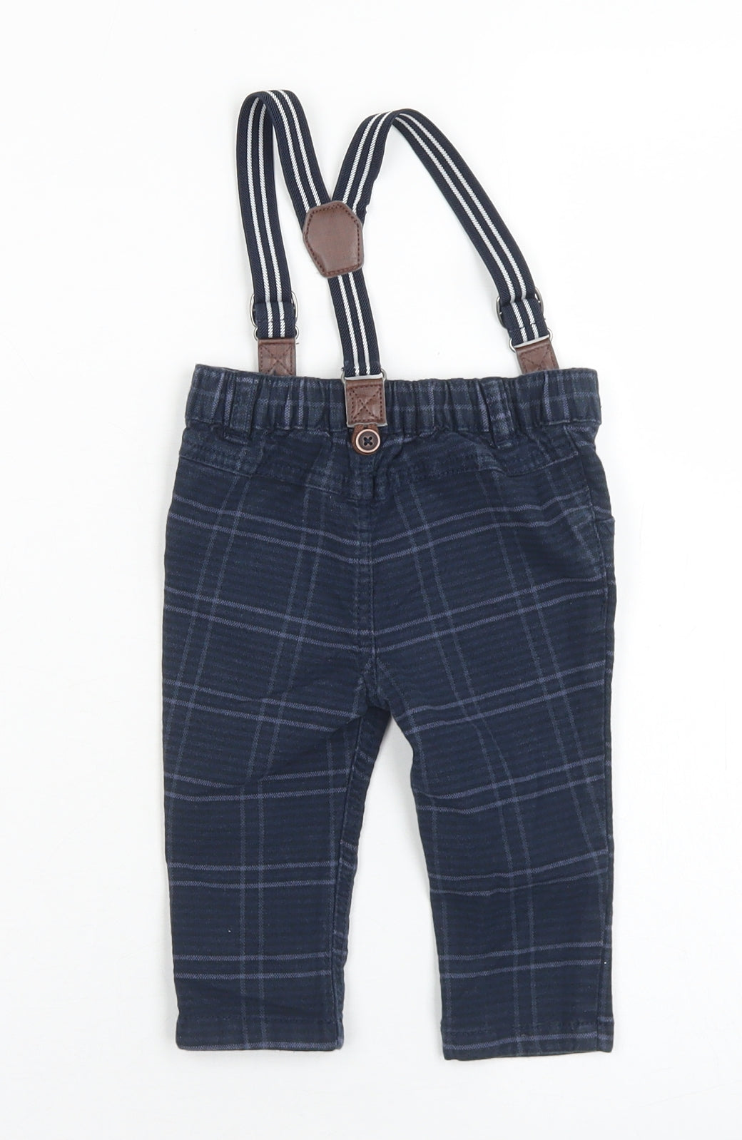 Fred & Flo Boys Blue Plaid Cotton Capri Trousers Size 3-6 Months  Button - With Braces
