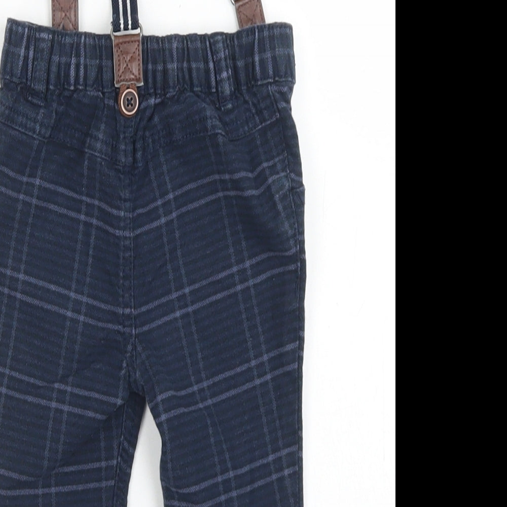 Fred & Flo Boys Blue Plaid Cotton Capri Trousers Size 3-6 Months  Button - With Braces