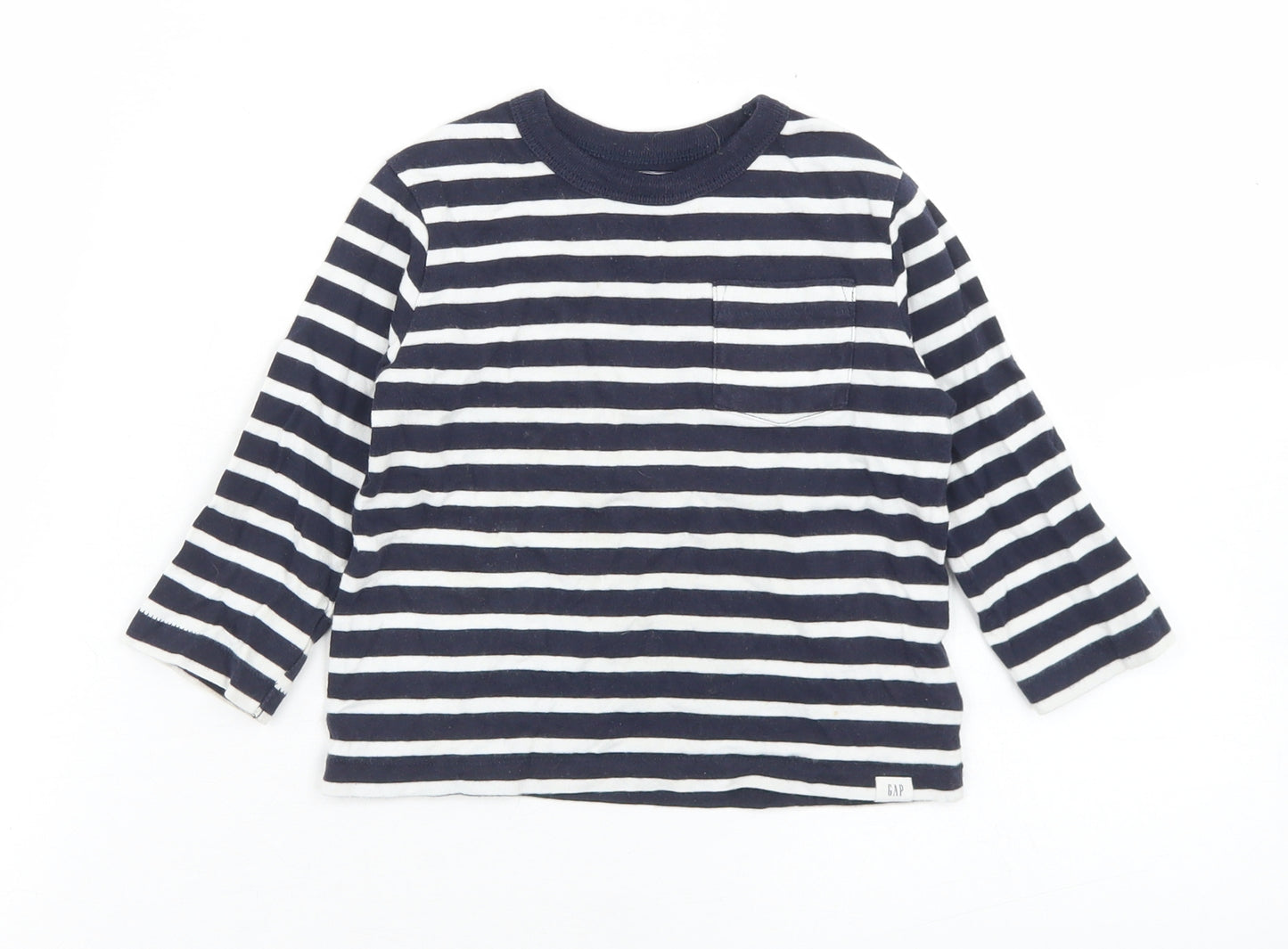 Gap Boys Blue Striped Cotton Basic T-Shirt Size 18-24 Months Crew Neck  - Chest Pocket