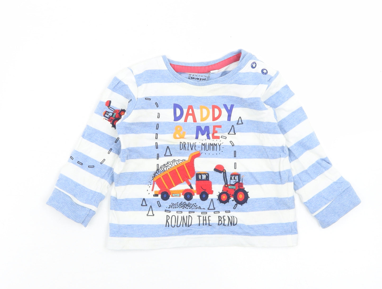 Bluezoo Boys Blue Striped Cotton Basic T-Shirt Size 6-9 Months Crew Neck Snap - Tractor