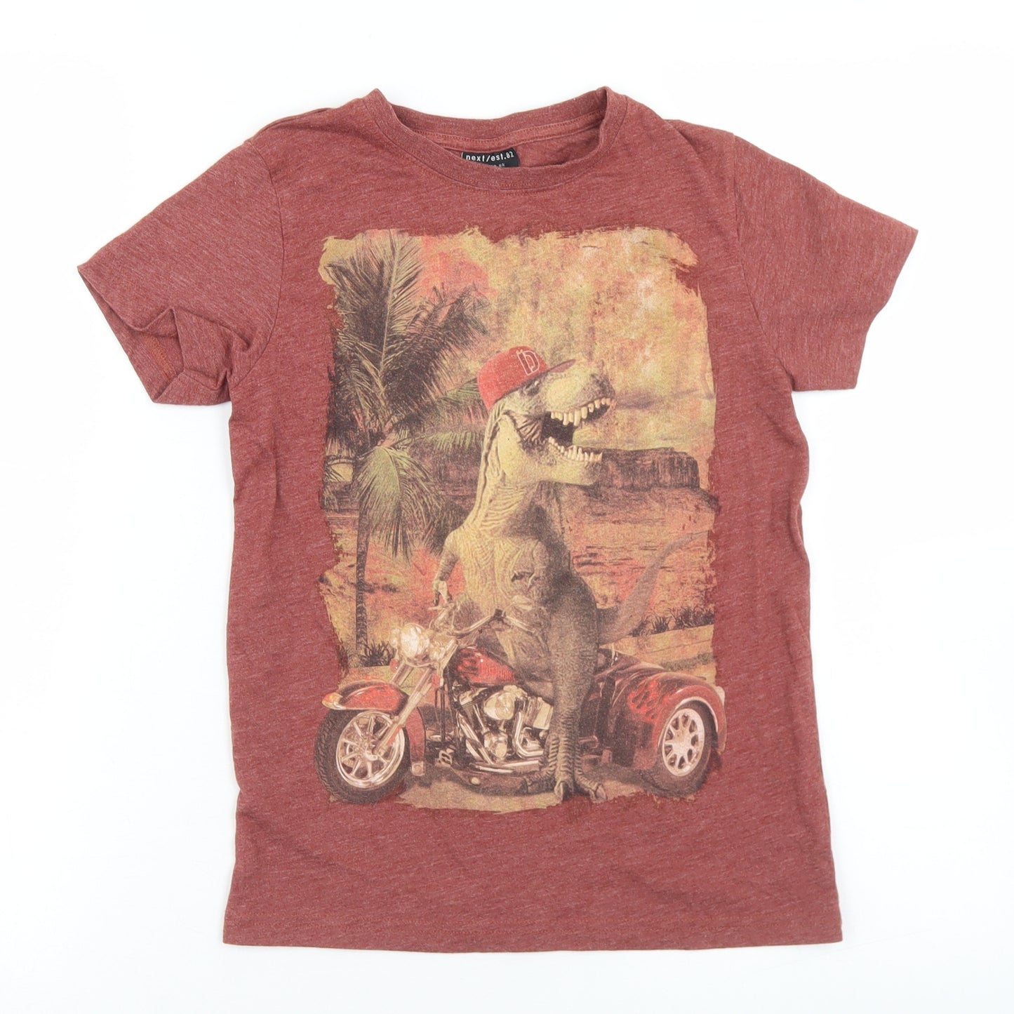 NEXT Boys Red  Cotton Basic T-Shirt Size 8 Years Crew Neck  - Dinosaur