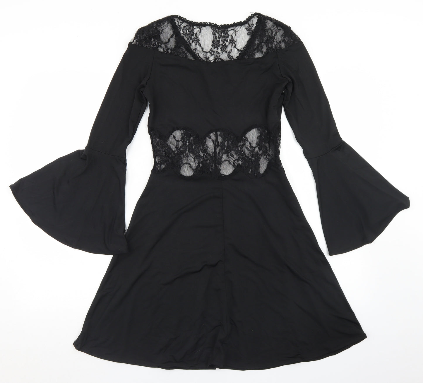 MeowCos Womens Black  Polyester Skater Dress  Size M  Round Neck Lace Up - Lace Trim, Fare Sleeve