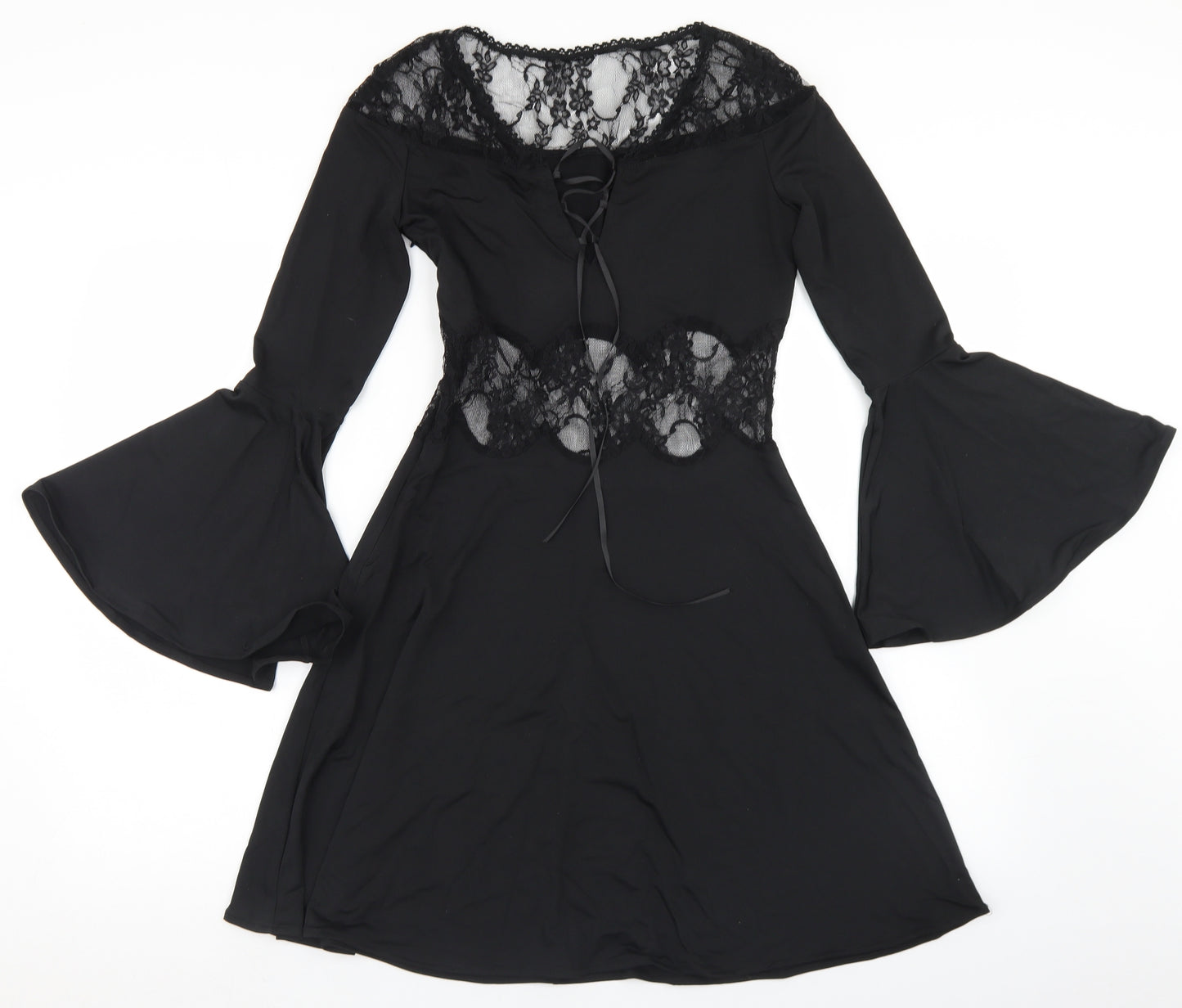 MeowCos Womens Black  Polyester Skater Dress  Size M  Round Neck Lace Up - Lace Trim, Fare Sleeve
