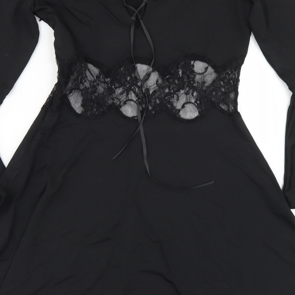 MeowCos Womens Black  Polyester Skater Dress  Size M  Round Neck Lace Up - Lace Trim, Fare Sleeve