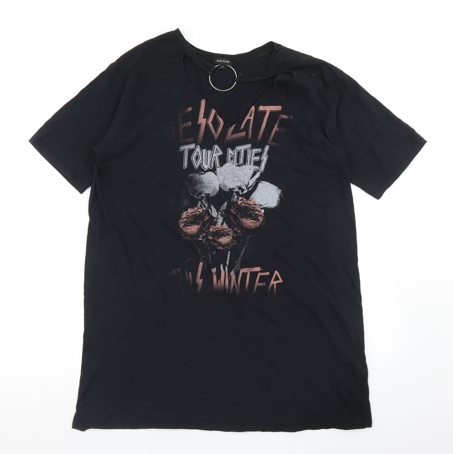 River Island Womens Black  Cotton Basic T-Shirt Size 12 V-Neck