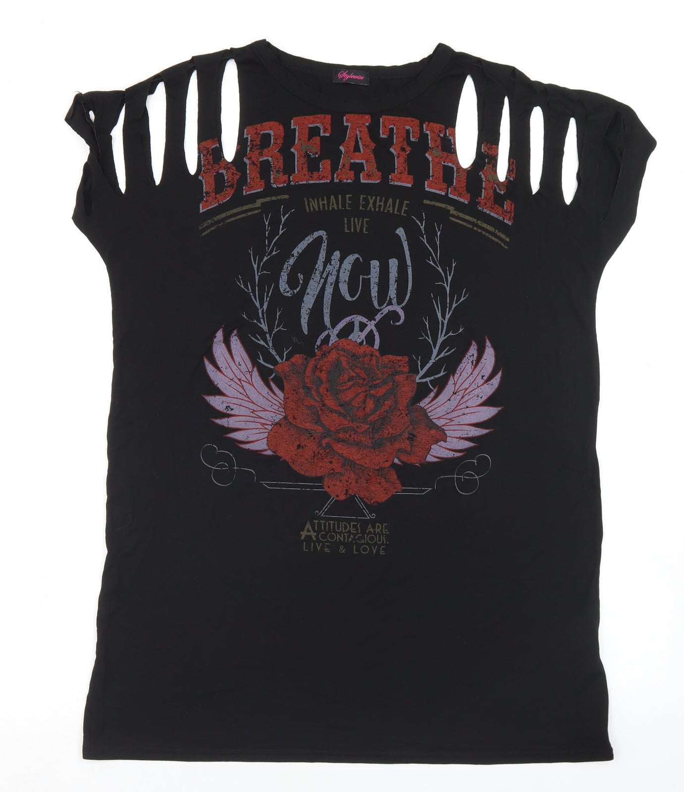 StyleWise Womens Black  Viscose Basic T-Shirt Size S Round Neck - Distressed