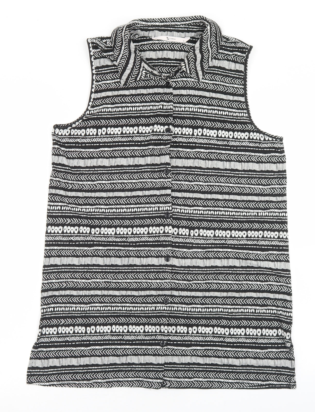 TU Womens Black Fair Isle Viscose Basic Button-Up Size 12 Collared