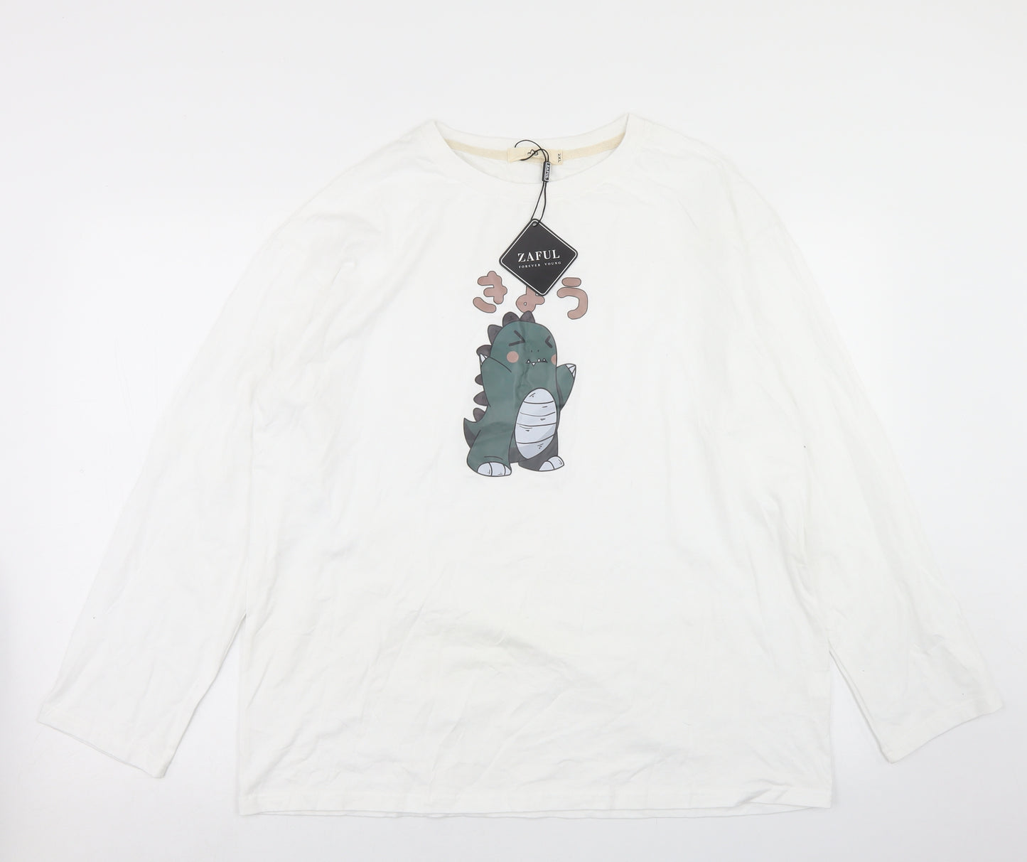 Zaful Mens White  Polyester  T-Shirt Size 2XL Crew Neck  - Dinosaur