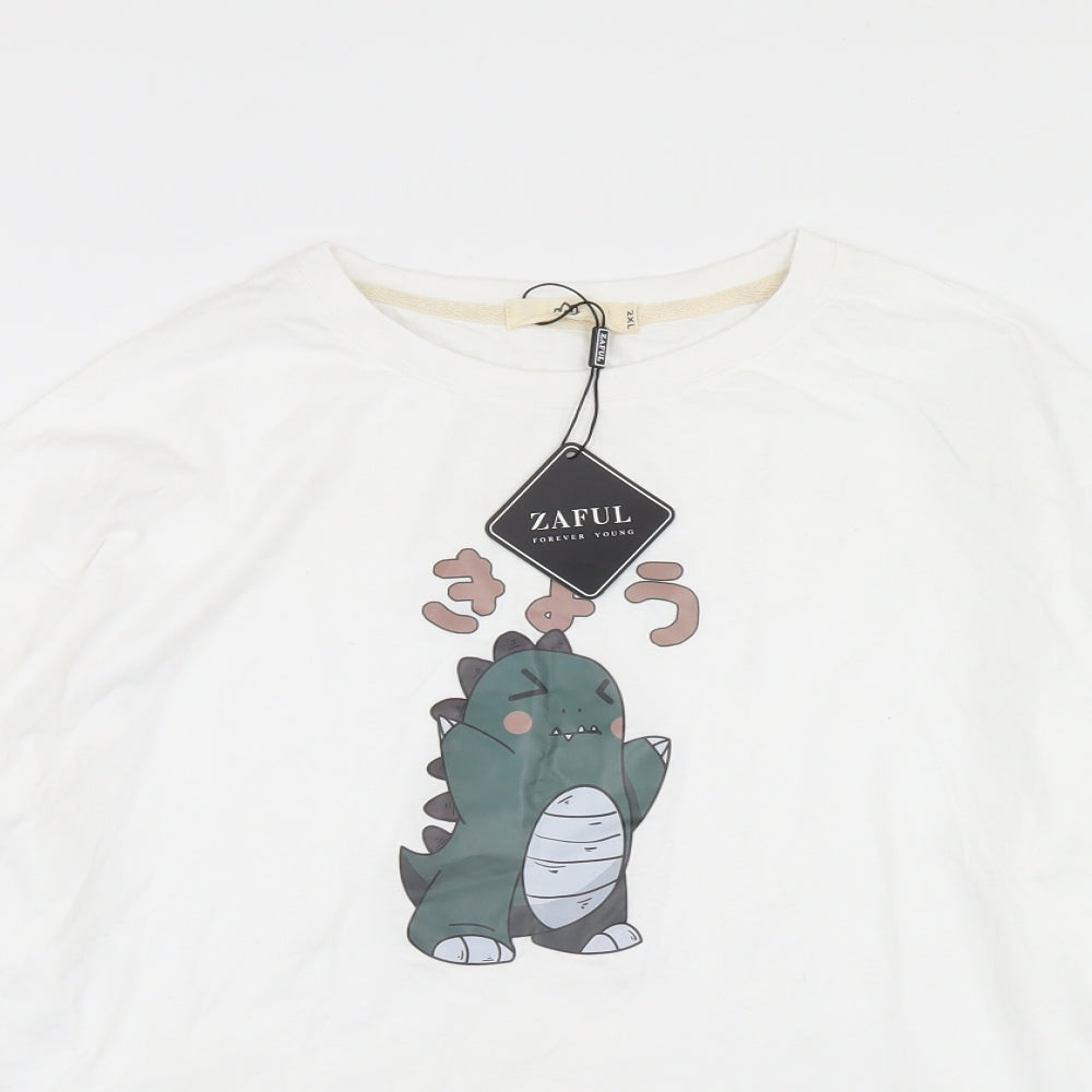 Zaful Mens White  Polyester  T-Shirt Size 2XL Crew Neck  - Dinosaur
