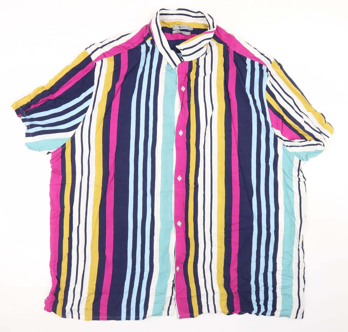 TU Mens Multicoloured Striped Viscose  Button-Up Size 3XL Collared Button