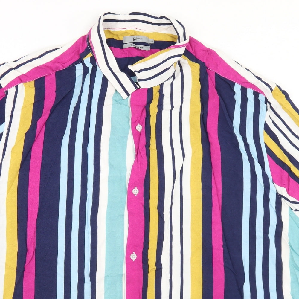 TU Mens Multicoloured Striped Viscose  Button-Up Size 3XL Collared Button