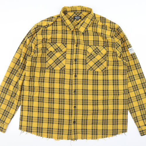 Boohoo Mens Yellow Plaid Cotton  Button-Up Size 2XL Collared Button - Death