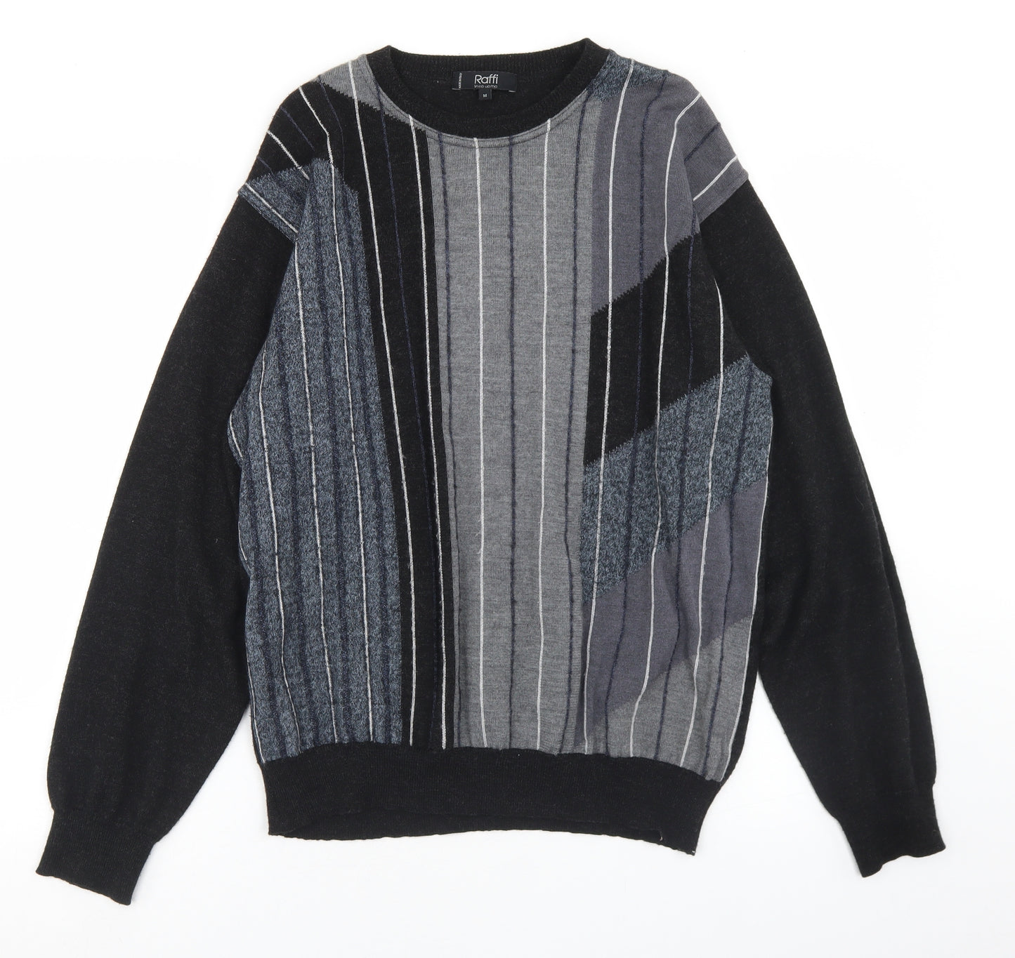 Raffi Mens Black Crew Neck Striped Wool Pullover Jumper Size M