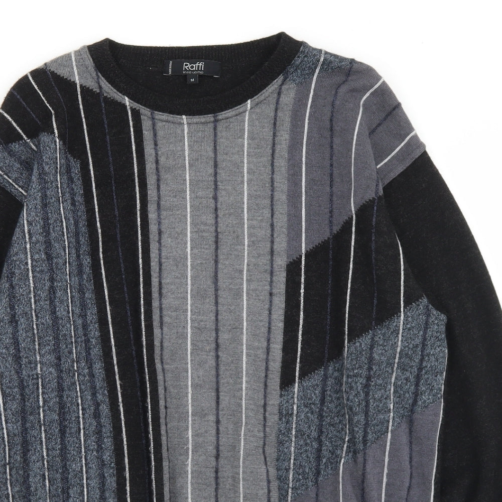 Raffi Mens Black Crew Neck Striped Wool Pullover Jumper Size M
