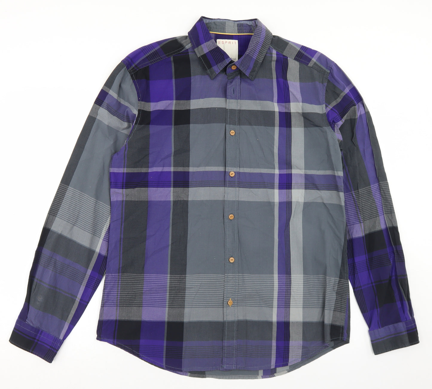 Esprit Mens Purple Plaid Cotton  Button-Up Size L Collared Button