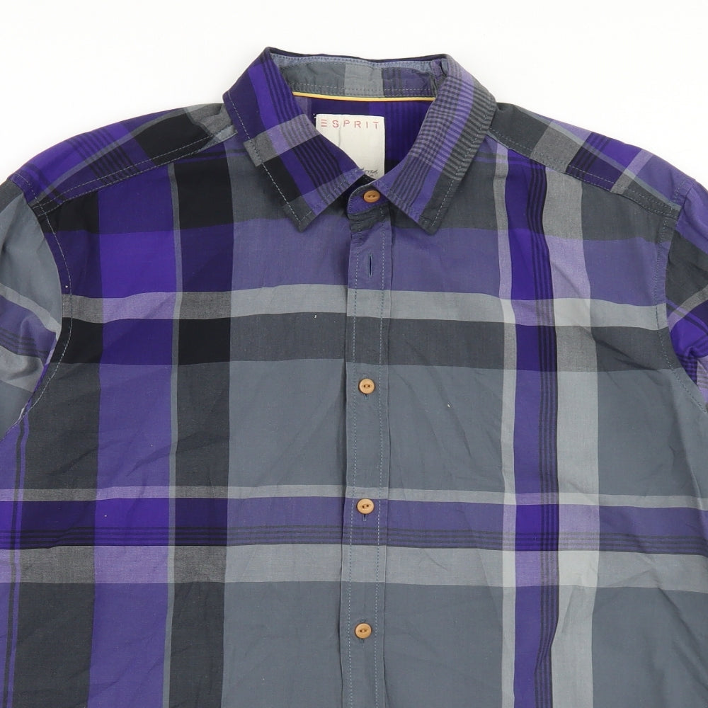 Esprit Mens Purple Plaid Cotton  Button-Up Size L Collared Button