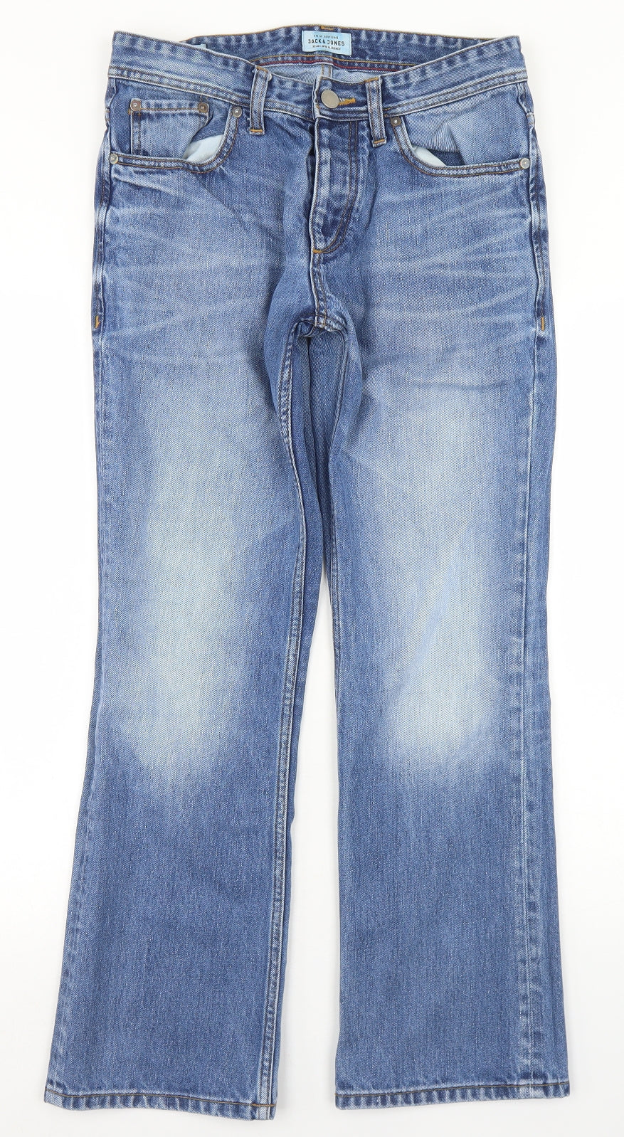 JACK & JONES Mens Blue  Cotton Bootcut Jeans Size 30 in L28 in Regular Button