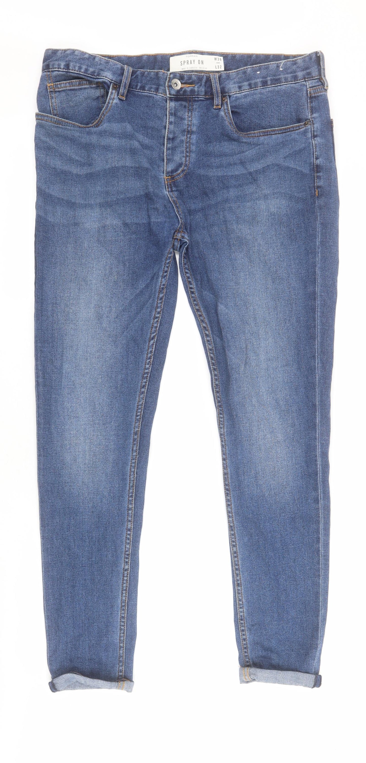 Topman Mens Blue  Cotton Skinny Jeans Size 36 L29 in Regular Button - 'Spray on'