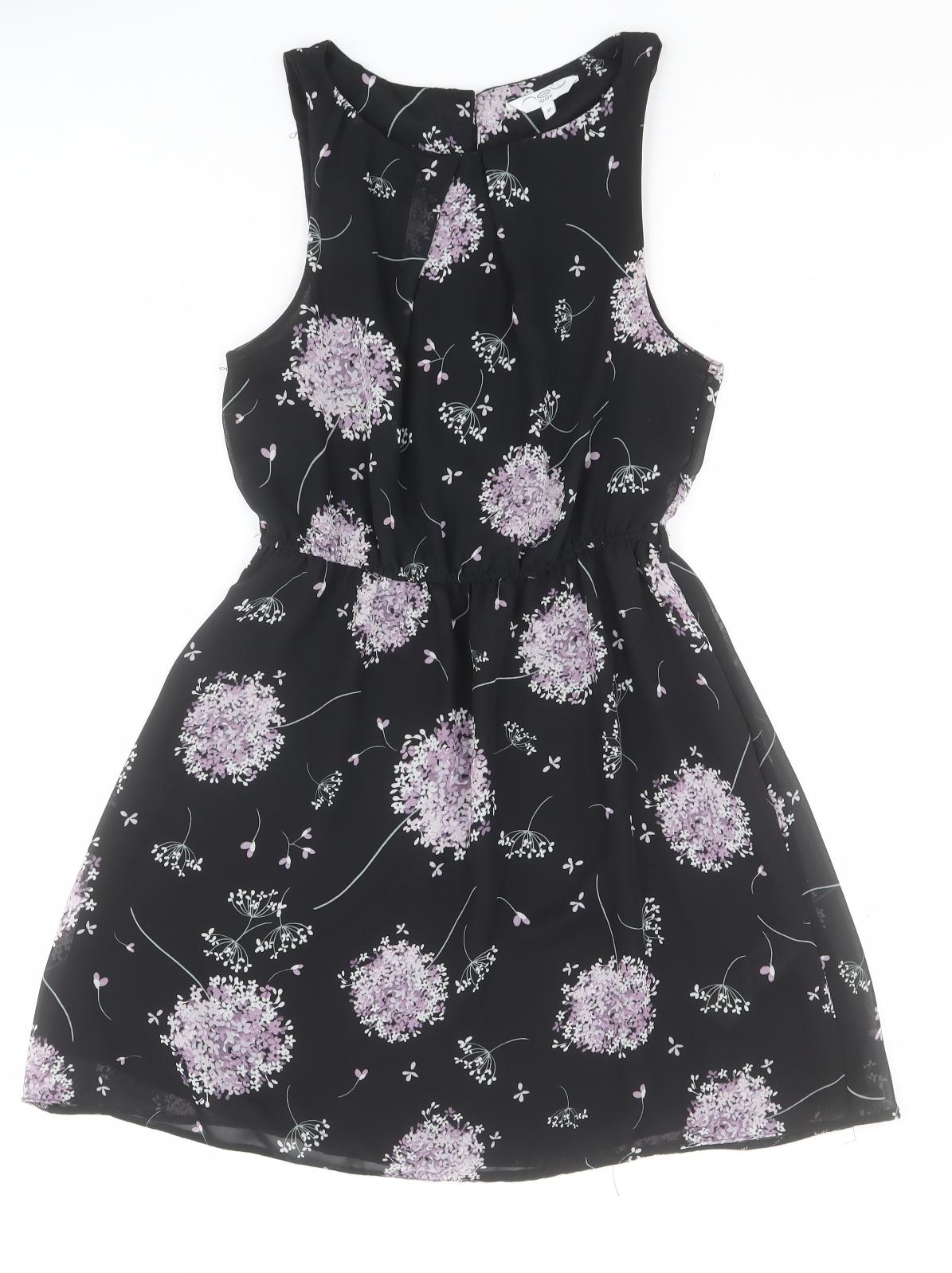 New Look Womens Black Floral Polyester A-Line  Size 10  Round Neck Button