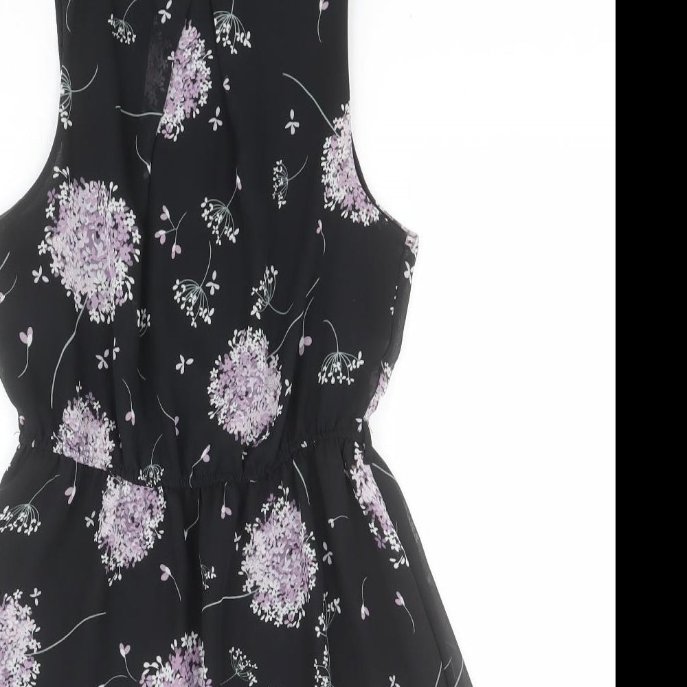 New Look Womens Black Floral Polyester A-Line  Size 10  Round Neck Button