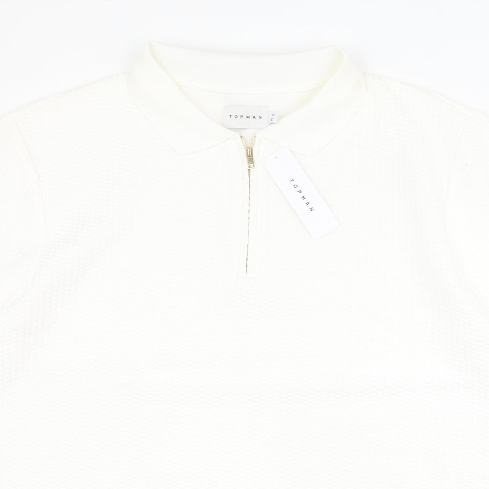 Topman Mens White  Cotton  Polo Size XL Collared Zip