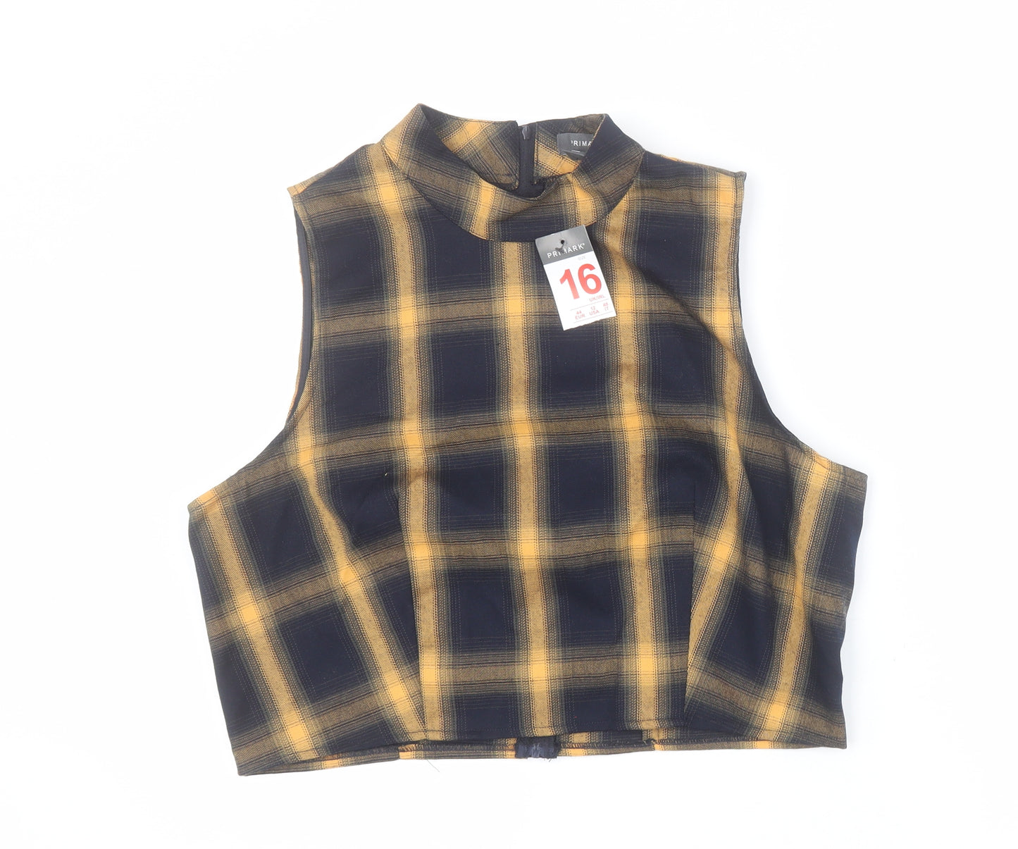 Primark Womens Yellow Plaid Polyester Cropped Tank Size 16 High Neck