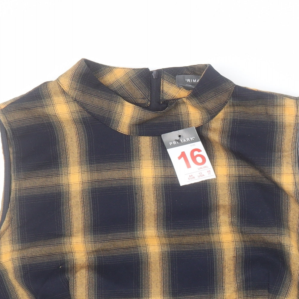Primark Womens Yellow Plaid Polyester Cropped Tank Size 16 High Neck